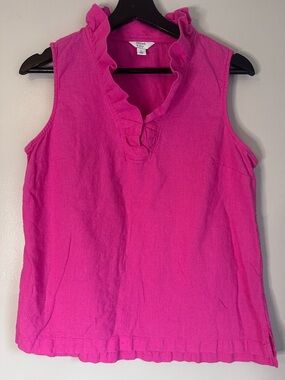 Crown and Ivy Pink Ruffled V neck Sleeveless Linen Cotton Blend Top, Large